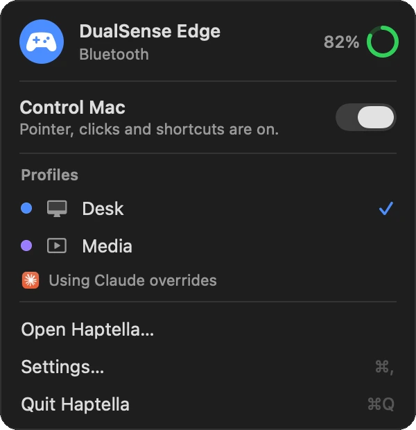 Haptella's menu bar window