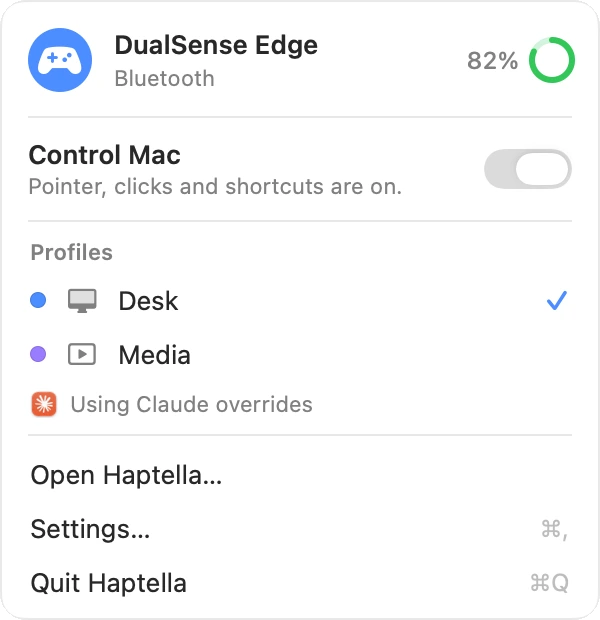 Haptella's menu bar window