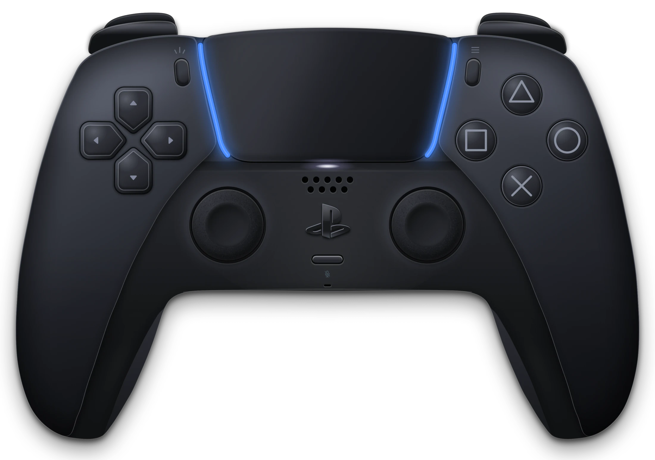 A black DualSense wireless controller, seen from the front, its light bars glowing
