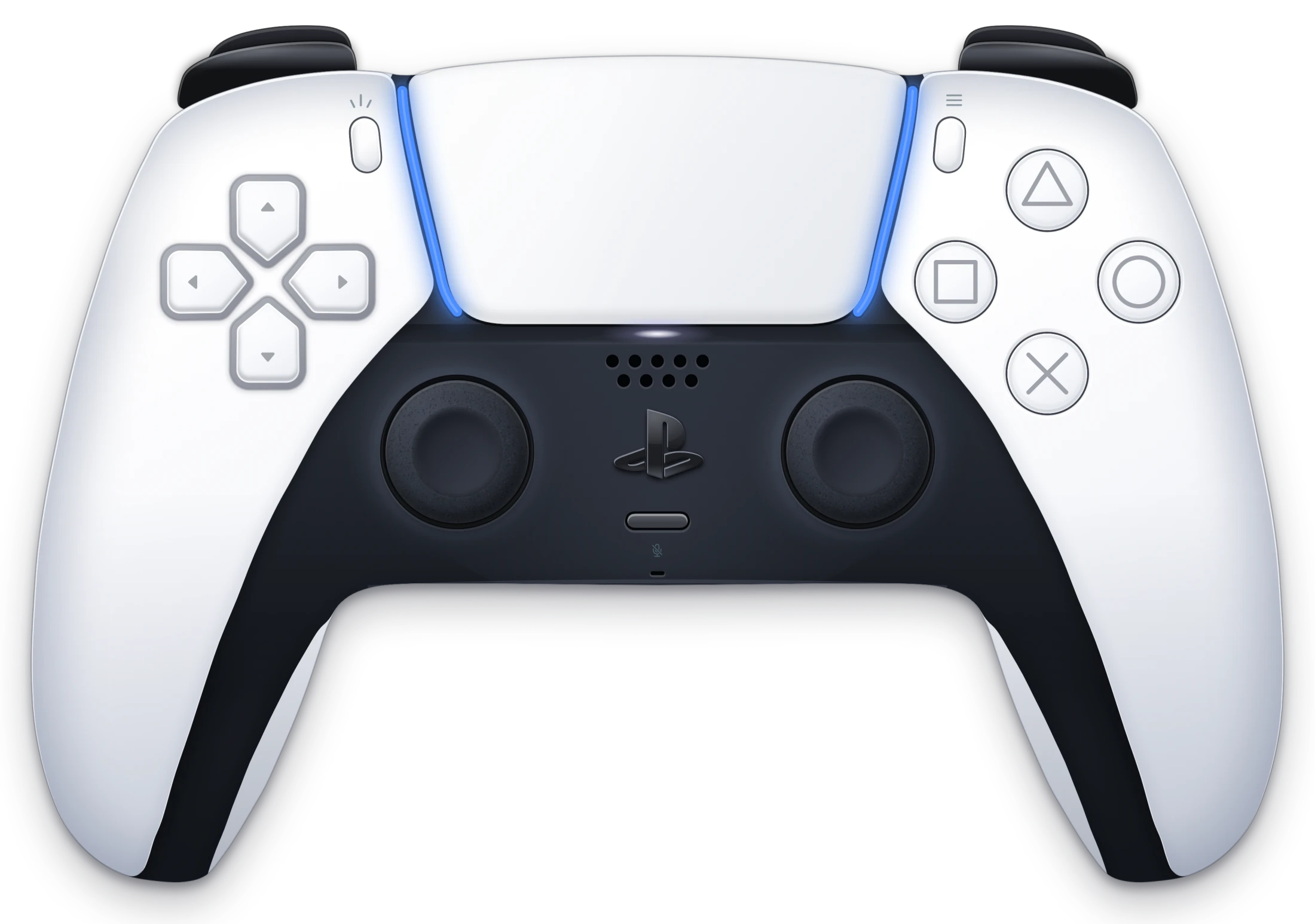A white DualSense wireless controller, seen from the front, its light bars glowing